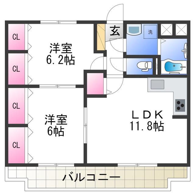 カルム宮(2LDK/2階)の間取り写真