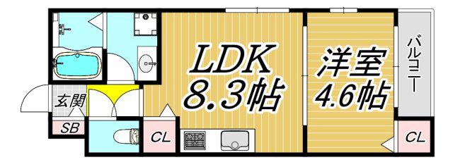 LA-CREA浜C棟(1LDK/1階)の間取り写真