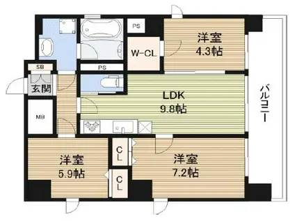 OSAKA CASTLE SHIRAHAMA PREMIER(2SLDK/9階)の間取り写真