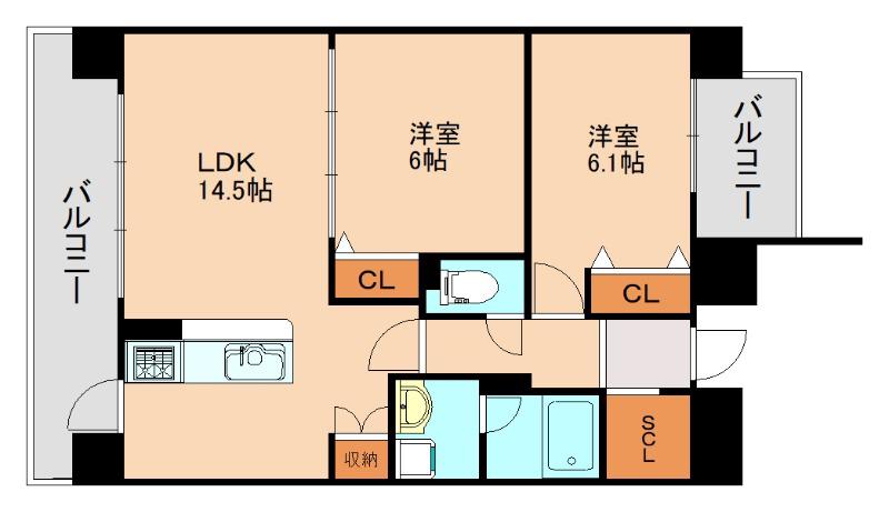 那珂川ヒルズ(2LDK/3階)の間取り写真
