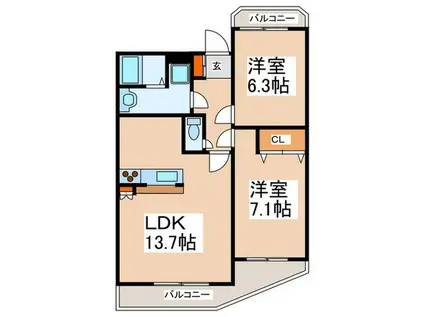 CALDA STANZA(2LDK/3階)の間取り写真