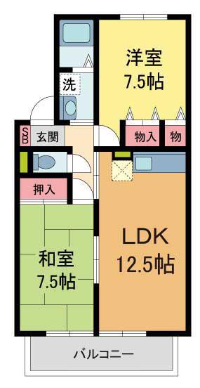 イーストハイムI棟(2LDK/1階)の間取り写真