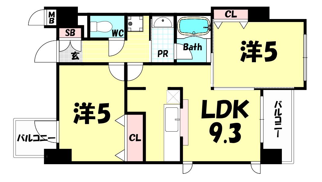 メゾン・ヌーベル新神戸(2LDK/11階)の間取り写真