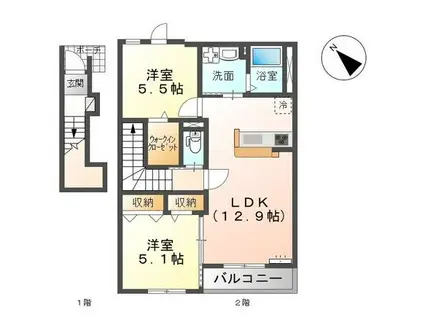 市原五井西アパート(2LDK/2階)の間取り写真