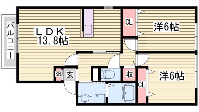 オークヒルズ A棟(2LDK/1階)の間取り写真