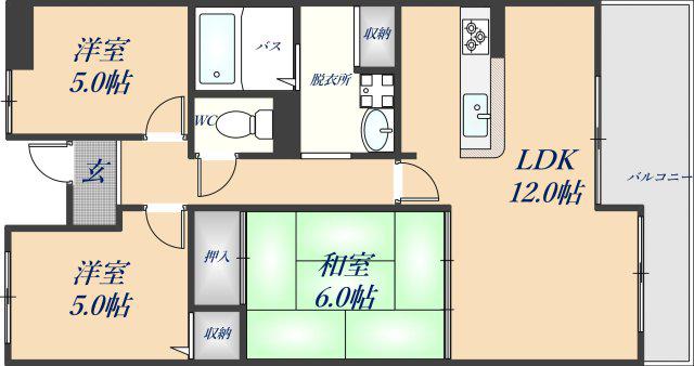 住道ファーストハイツ(3LDK/2階)の間取り写真