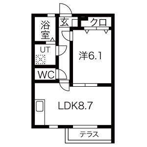 若菜B棟(1LDK/1階)の間取り写真