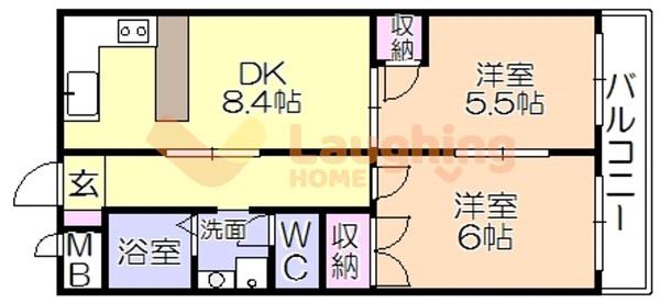 ジョグ六ツ門南(2DK/2階)の間取り写真