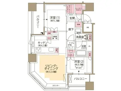 フロール横濱関内(2LDK/13階)の間取り写真