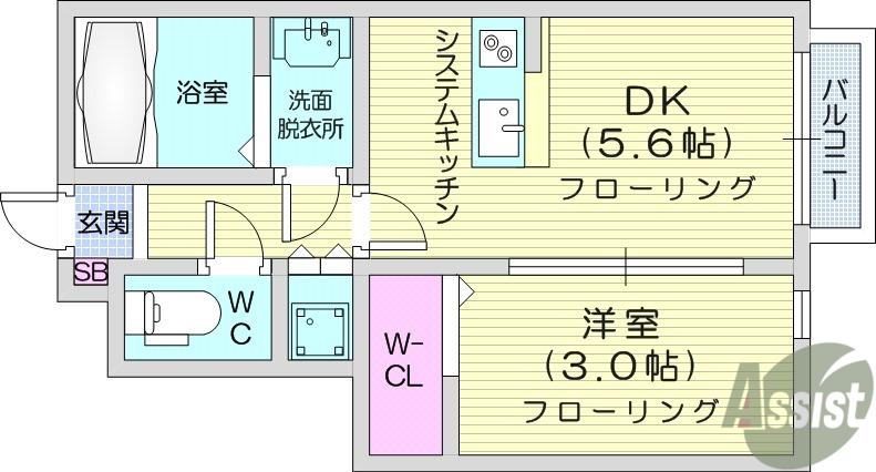 カームコート太子堂(1DK/1階)の間取り写真