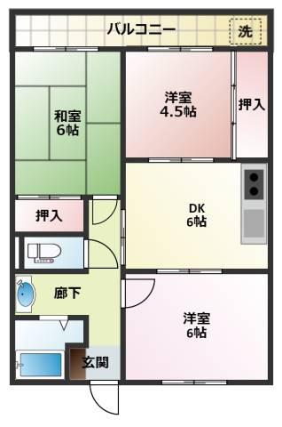 ハートフルマンションA棟(3DK/4階)の間取り写真