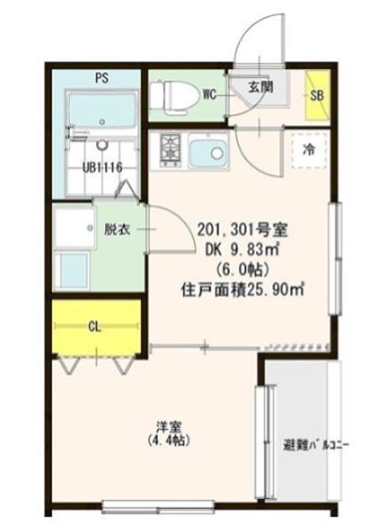 ハーーモニーテラス松葉町V(1DK/2階)の間取り写真