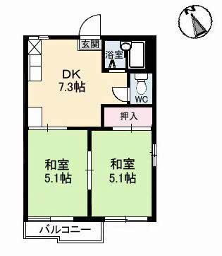 ハイネス田中II A棟(2DK/1階)の間取り写真