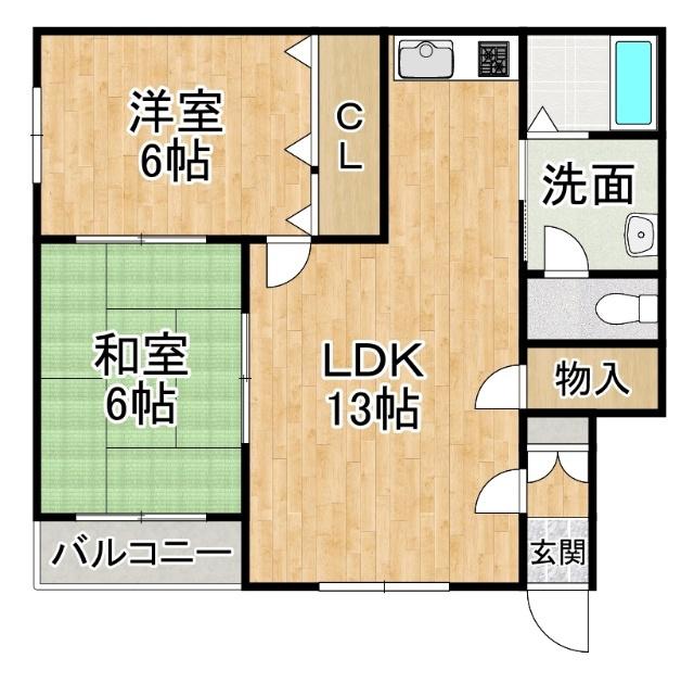 ＪＲ根室本線 柏林台駅 徒歩67分 2階建 築28年(2LDK/1階)の間取り写真