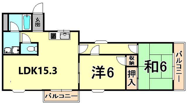 エスポアール西宮北口II(2LDK/2階)の間取り写真