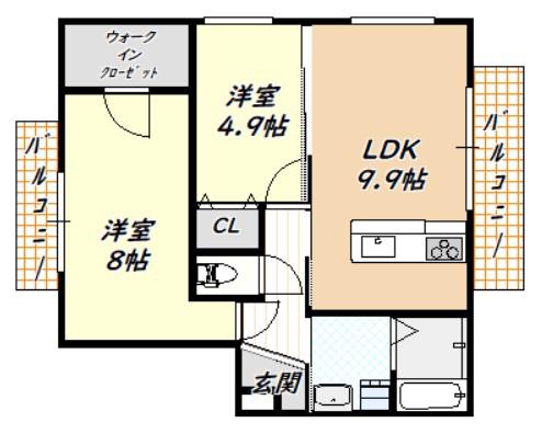 アバンミモザA棟(2DK/2階)の間取り写真