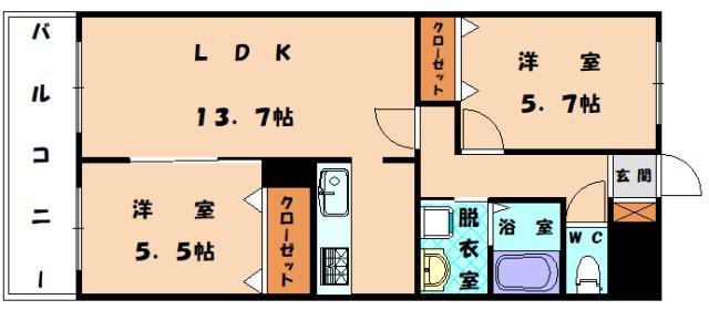 ボヌール新宮(2LDK/1階)の間取り写真