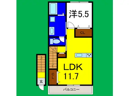 ピーススクエア笹木野A棟(1LDK/2階)の間取り写真