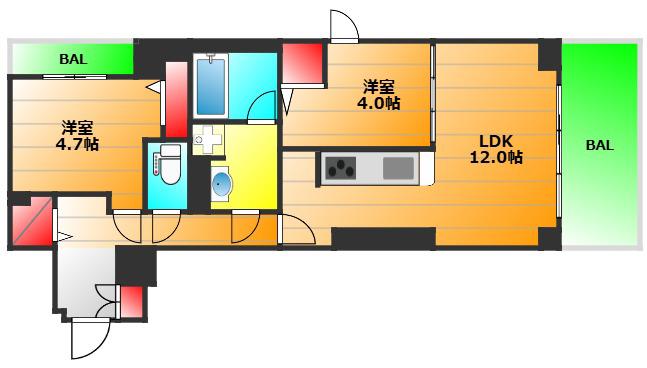 パークフラッツ安堂寺町(2LDK/5階)の間取り写真