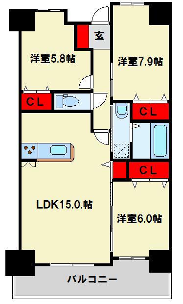 フォーストリングス 竪町(3LDK/10階)の間取り写真