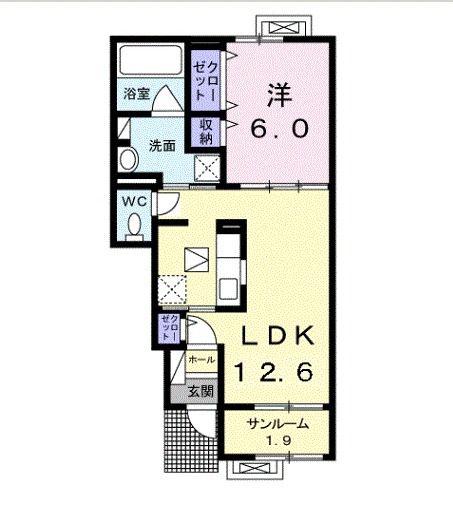 サニーハイムB(1LDK/1階)の間取り写真
