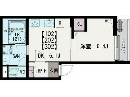イクシオ熊野前駅(1DK/2階)の間取り写真