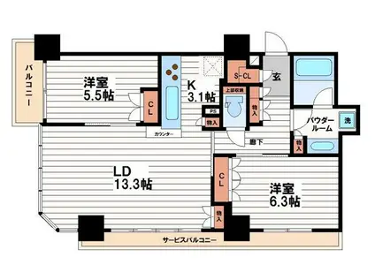 ブランズタワー・ウェリス心斎橋サウス(2LDK/4階)の間取り写真
