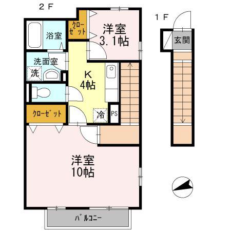レセンテ野川A棟(2K/2階)の間取り写真