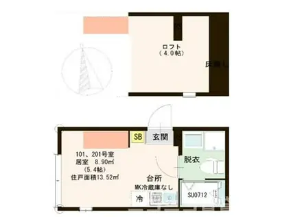 ハーモニーテラス東金町IV(ワンルーム/2階)の間取り写真