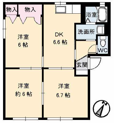 ガーデンクレスA棟(3DK/1階)の間取り写真