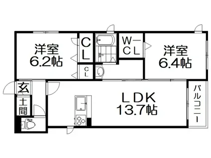 カサベルデ 牧野(2LDK/2階)の間取り写真