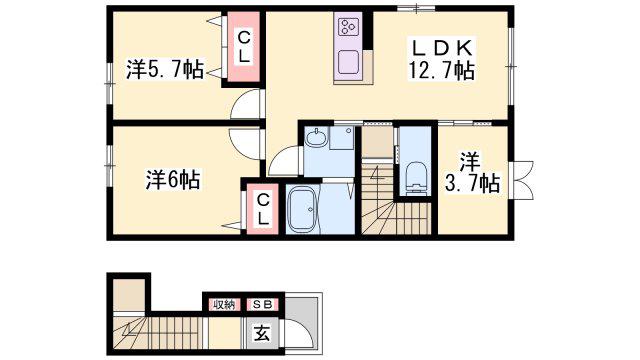 カーサレジオKAZU棟(2LDK/2階)の間取り写真
