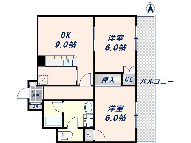 リバーライズ足代(2DK/6階)の間取り写真