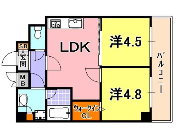 ロイヤルヒル神戸三ノ宮2(2LDK/9階)の間取り写真