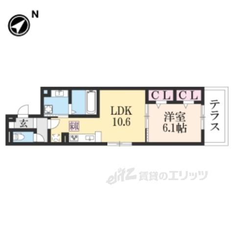 太秦レジデンスE棟(1LDK/1階)の間取り写真