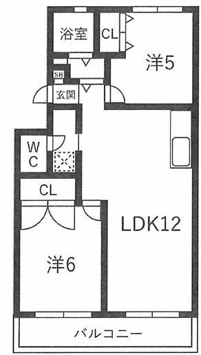 リバーサイドハイツ1号棟(2LDK/3階)の間取り写真