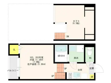 アメティスタ福大前(1K/2階)の間取り写真