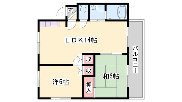 ヒルスクウェア辻川山B棟(2LDK/2階)の間取り写真