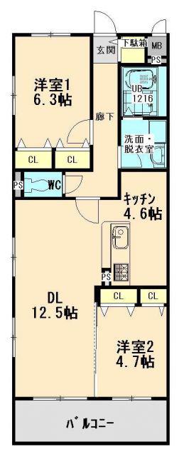 グランドール(2LDK/2階)の間取り写真