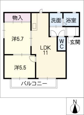 パークサイドハイツ D棟(2LDK/2階)の間取り写真