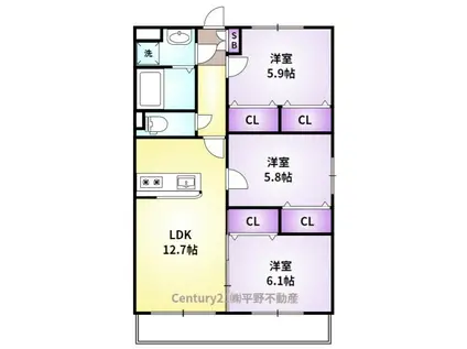 ヴィルヌーブ合川(3LDK/1階)の間取り写真