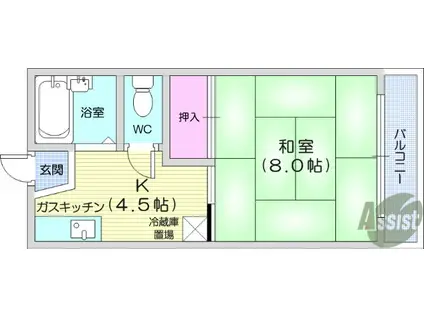 ハピネス古城2(1K/2階)の間取り写真