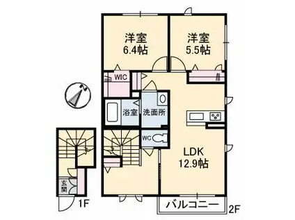 グリュック B棟(2LDK/2階)の間取り写真