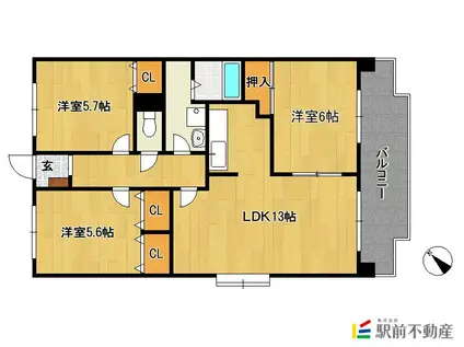 プレステージ塔原(3LDK/4階)の間取り写真