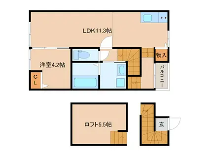 DESTINO二日市 B棟(1LDK/2階)の間取り写真