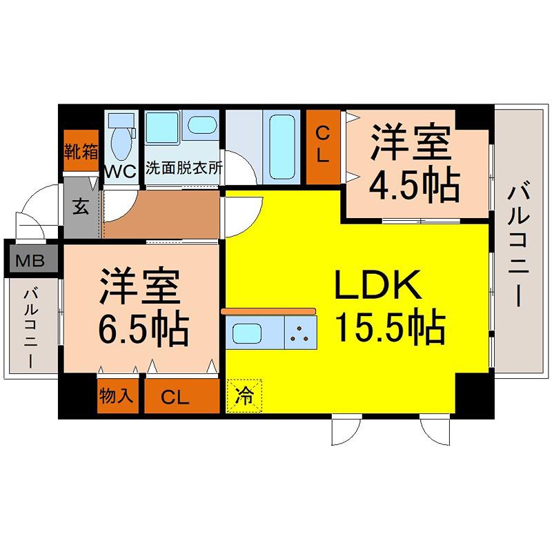 ポルタニグラ大須観音(2LDK/2階)の間取り写真