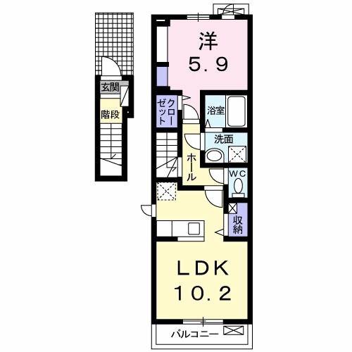 ラ・ヴィ 上町(1LDK/2階)の間取り写真