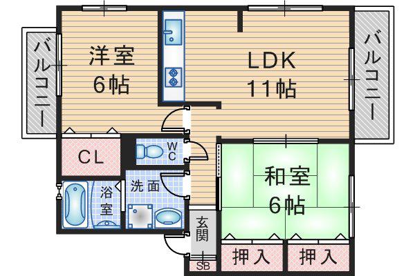 ハイツ上野東(2LDK/1階)の間取り写真