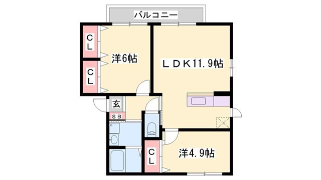 シャーメゾンミモザA棟(2LDK/2階)の間取り写真