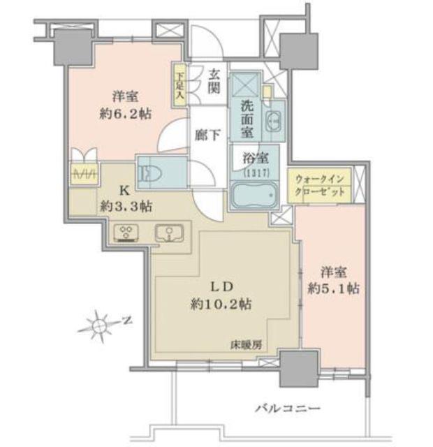 BRILLIATOWER聖蹟桜ヶ丘BLOOMINGRESIDENCE(2LDK/20階)の間取り写真